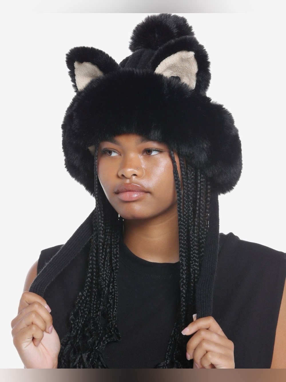 NWT Hot Topic Cat ears  Fur Faux Pom beanie hat